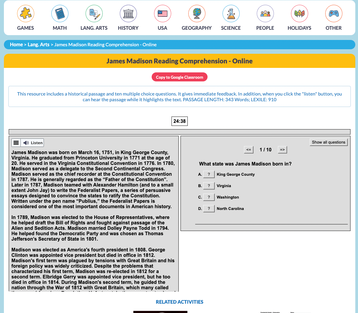 James madison icivics answer key